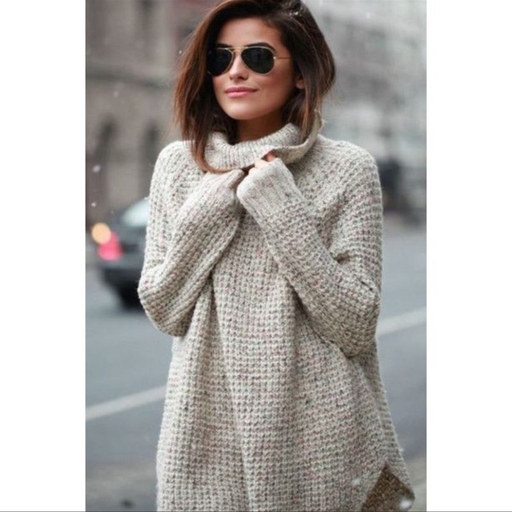 Free People S Chunky Knit Linen Wool Blend Cowlneck Pullover Confetti Sweater